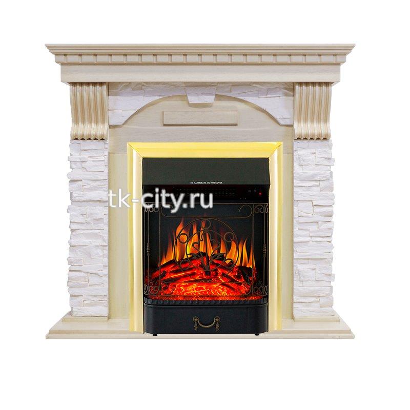 Каминокомплект Royal Flame Dublin - Слоновая кость с патиной / Сланец крем с очагом Majestic FX Brass
