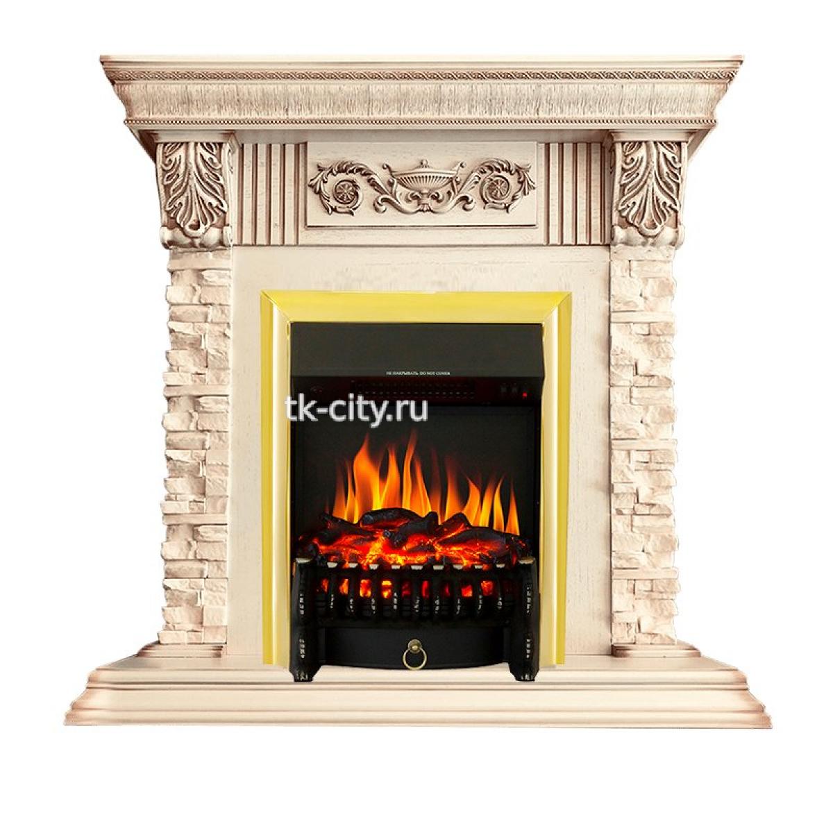 Каминокомплект Royal Flame Luxemburg (каменный) - Сланец/Cлоновая кость с патиной с очагом Fobos FX Brass